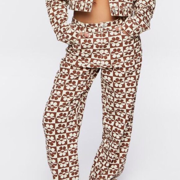 Forever 21 Brown and Cream Floral Straight Leg Jeans - Picture 1 of 5